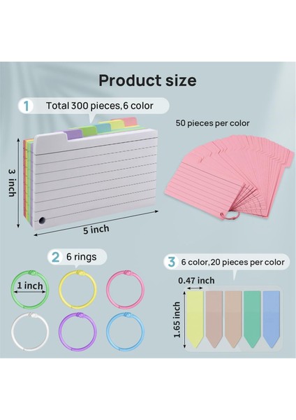 300'LÜ Paket Dizin Kartları, 3 Inç x 5 Inç Çizgili Halkalı Dizin Kartları, Renkli Çizgili Flaş Kartlar, Çift Taraflı Not Kartları (Yurt Dışından) fiyatları