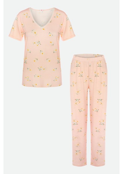 Kadın Viskon Yaka Dantel Lastik Detaylı V Yaka Kısa Kollu Pijama Takımı