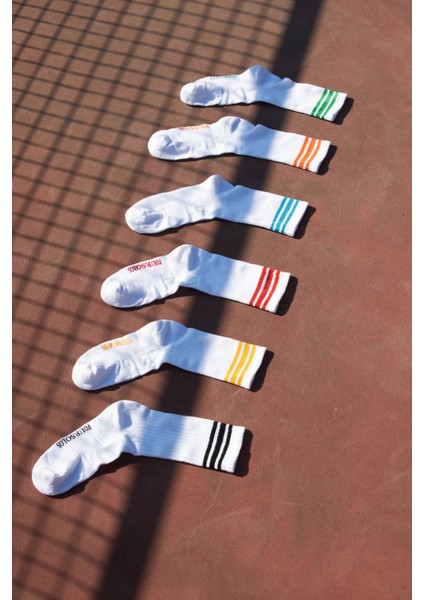 Kadın Soket, Havlu Taban, Lastikte Renkli Kuşaklık, Kolej Tenis Beyaz 6'lı Set, Çizgili, Pamuklu, Nefes Alır, Gün Boyu Konfor