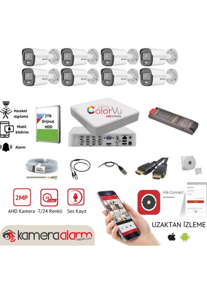 Hıkvısıon 8 Kameralı, Gece Gündüz Renkli Görüşlü, Ses Kayıtlı Ahd Güvenlik Kamerası