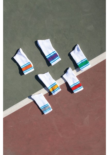 Kadın Soket, Havlu Taban, Lastikte Mavi Kuşak İçine Renkli Dolgu Tenis Beyaz 6'lı Set, Pamuklu, Nefes Alır, Gün Boyu Konfor modelleri
