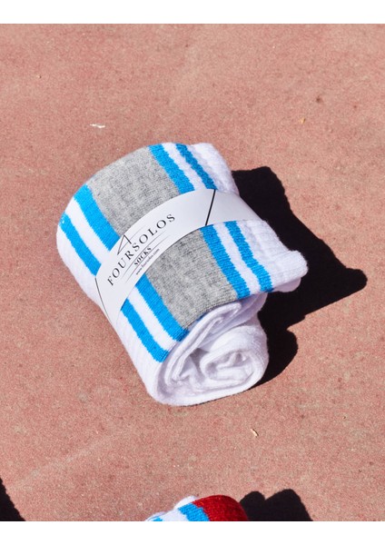 Kadın Soket, Havlu Taban, Lastikte Mavi Kuşak İçine Renkli Dolgu Tenis Beyaz 6'lı Set, Pamuklu, Nefes Alır, Gün Boyu Konfor
