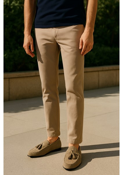 GR0176 Dışı Süet İçi Keten Bej Renk Saraçlı Rok Model Erkek Loafer Babet Ayakkabı