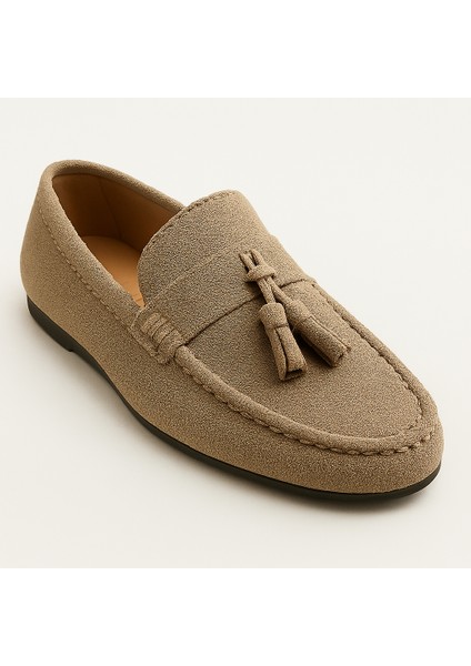 GR0176 Dışı Süet İçi Keten Bej Renk Saraçlı Rok Model Erkek Loafer Babet Ayakkabı modelleri