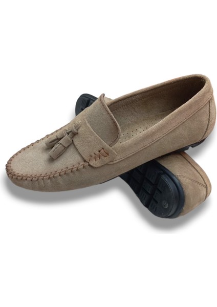 GR0176 Dışı Süet İçi Keten Bej Renk Saraçlı Rok Model Erkek Loafer Babet Ayakkabı
