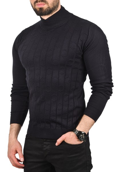 Çizgi Desenli Tüylenme Yapmayan Yarım Balıkçı Yaka Triko Kazak 2505501