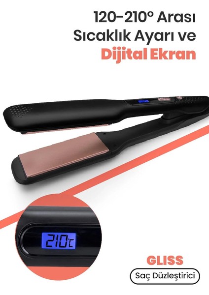 Gliss Keratin Kaplamalı Seramik Plaka Saç Düzleştirici - 210°C Ayarlanabilir Isı, Geniş Plaka, Saç Yıpranmasını Önler ve Parlaklık Kazandırır, Dijital Ekran, 360° Kablo, BY-5116, Siyah modelleri