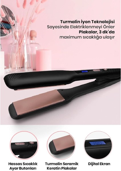 Gliss Keratin Kaplamalı Seramik Plaka Saç Düzleştirici - 210°C Ayarlanabilir Isı, Geniş Plaka, Saç Yıpranmasını Önler ve Parlaklık Kazandırır, Dijital Ekran, 360° Kablo, BY-5116, Siyah indirimleri