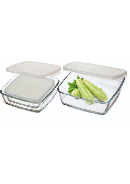 Kare 3'lü Cam Saklama Kabı Seti – 0,50 + 1,00 + 1,70 Lt, Plastik Kapaklı