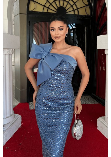 Boncuk Kumaş Fiyonk Detaylı Kalem Elbise - Indigo Mavi modelleri