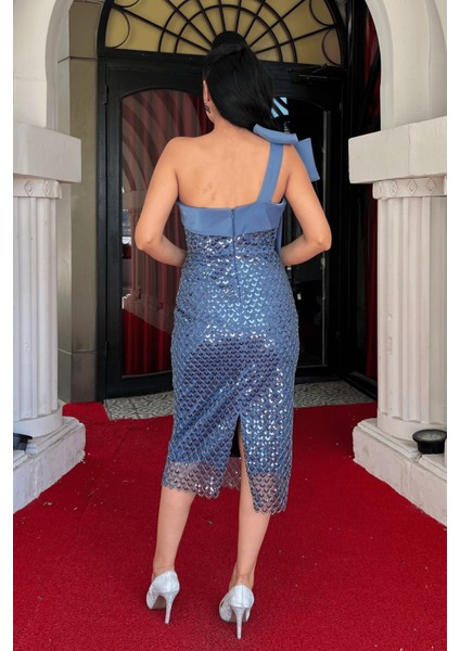 Boncuk Kumaş Fiyonk Detaylı Kalem Elbise - Indigo Mavi indirimleri