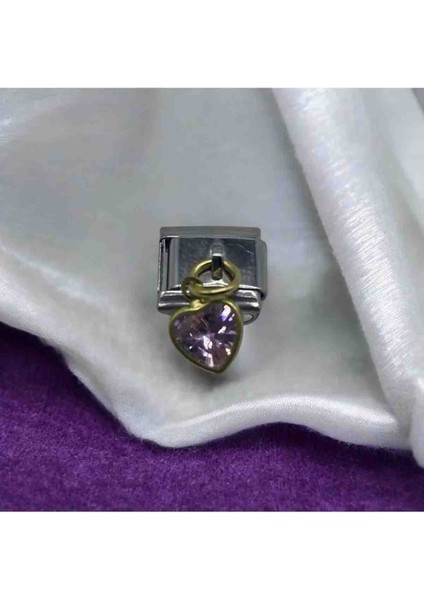 Italyan Zirkon Taşlı Kalp Detaylı Çelik Charm