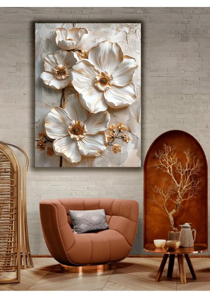 Krem Beyaz Kabartma Görünümlü Renkli Dekoratif Kanvas Tablo