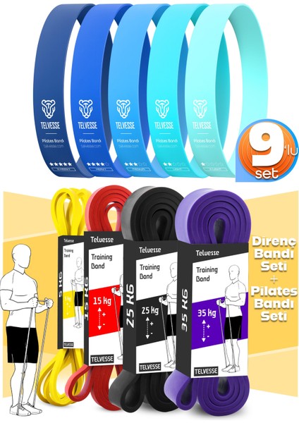 9lu Tera Set 5+15+25+35 kg + 5li Pilates Direnç Bandı Barfiks Lastiği Loop Band Mavi Ton