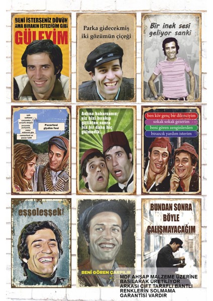 9 Parça Renkli Ahşap Tablo Seti, Türk Sineması ve Yeşilçam Sahneleri