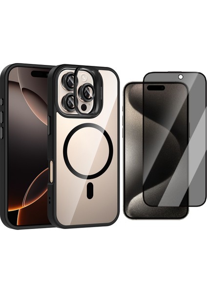 Apple iPhone 15 Pro Max Kılıf Standlı ve Kamera Lens Hediyeli M-Safe Şarj Özellikli Zore Etro Kapak + Hayalet Ekran Koruyucu