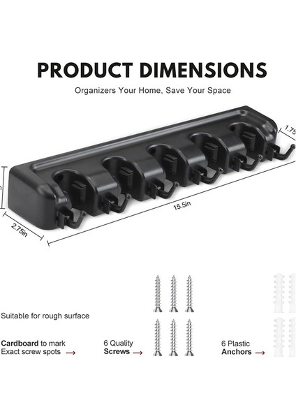 Süpürgelik ve Duvara Monte Bahçe Aletleri Düzenleyici Mutfak, Dolap, Garaj ve Çamaşır Odası Depolama 5 Yuva ve 6 Kanca (Yurt Dışından) modelleri