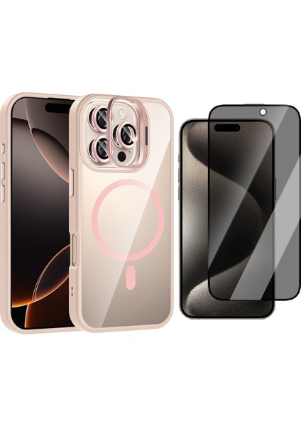 Apple iPhone 15 Pro Max Kılıf Standlı ve Kamera Lens Hediyeli M-Safe Şarj Özellikli Zore Etro Kapak + Hayalet Ekran Koruyucu