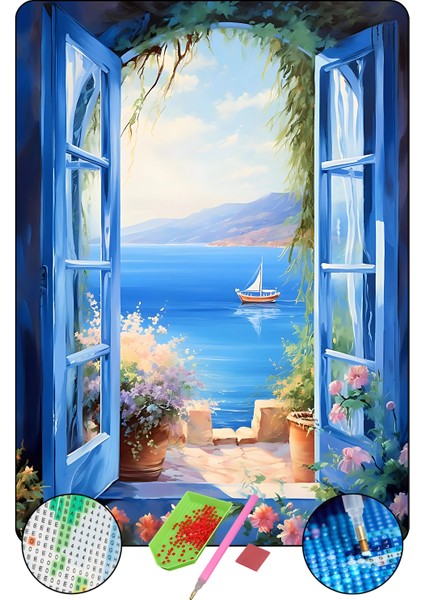 5D Elmas Boyama Seti – Mavi Pencere ve Deniz Manzarası | 40x50 cm - Tuvale Gerili Diamond Painting Sayılarla Boyama Elmas Mozaik Tablo