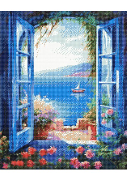 5D Elmas Boyama Seti – Mavi Pencere ve Deniz Manzarası | 40x50 cm - Tuvale Gerili Diamond Painting Sayılarla Boyama Elmas Mozaik Tablo fiyatları