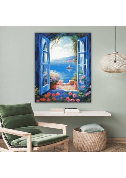 5D Elmas Boyama Seti – Mavi Pencere ve Deniz Manzarası | 40x50 cm - Tuvale Gerili Diamond Painting Sayılarla Boyama Elmas Mozaik Tablo fırsatları