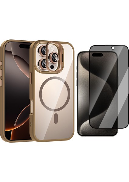 Apple iPhone 15 Pro Max Kılıf Standlı ve Kamera Lens Hediyeli M-Safe Şarj Özellikli Zore Etro Kapak + Hayalet Ekran Koruyucu