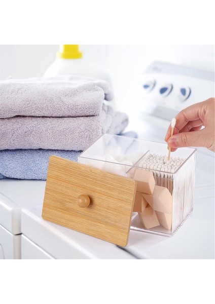 Bambu Kapaklı Qtip Tutucu, 3 Bölmeli Pamuk Topu/pulluk Dağıtıcısı, Şeffaf Plastik Banyo Kabı (Yurt Dışından) fırsatları
