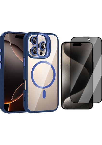 Apple iPhone 15 Pro Max Kılıf Standlı ve Kamera Lens Hediyeli M-Safe Şarj Özellikli Zore Etro Kapak + Hayalet Ekran Koruyucu