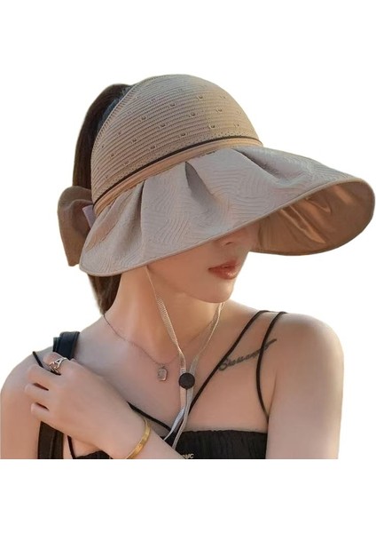 Yaz Seersucker Siyah Tutkal Büyük Siperlik Boş Silindir Şapka Kadın Açık Hava Ekleme Yüz Örtüsü Güneş Şapkası Anti-Ultraviyole Güneş Şapkası (Yurt Dışından)