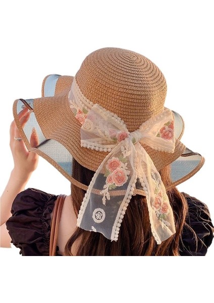 Kadınlar Için Yeni Stil Çiçek Kurdele Güneş Şapkası Deniz Kenarı Tatili Tatlı Dantel Güneş Şapkası Yaz Büyük Siperlikli Hasır Şapka (Yurt Dışından)
