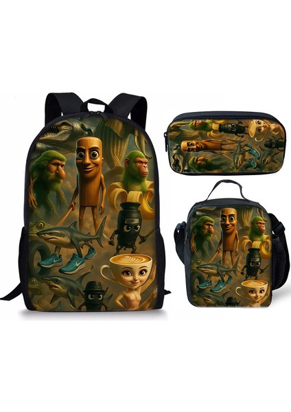 Shanhaijing Ahşap Çubuk Adam Brainrot Ilkokul ve Ortaokul Öğrenci Sırt Çantası Üç Parçalı Sırt Çantası Yemek Çantası Kalem Çantası (Yurt Dışından)