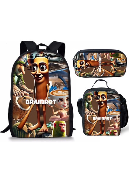 Shanhaijing Ahşap Çubuk Adam Brainrot Ilkokul ve Ortaokul Öğrenci Sırt Çantası Üç Parçalı Sırt Çantası Yemek Çantası Kalem Çantası (Yurt Dışından)