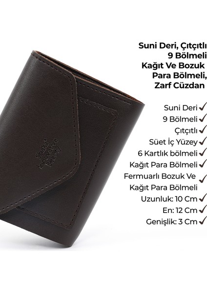 Kahve Rengi SHK67 Suni Deri Bozuk ve Kağıt Para Bölmeli Çıtçıtlı Kartlıklı Zarf Model Cepli Cüzdan