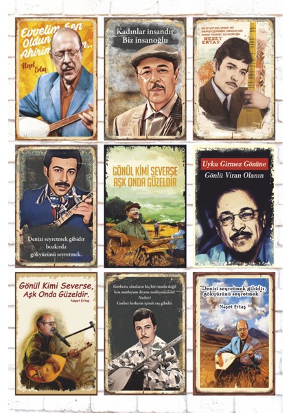 9 Parça Renkli Ahşap Tablo Seti, Halk Müziği ve Retro Tarz Dekorasyon