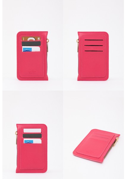 Fuşya SHK101 Suni Deri 6 Kartlık ve Fermuarlı Para Bölmeli Kartlık Cüzdan