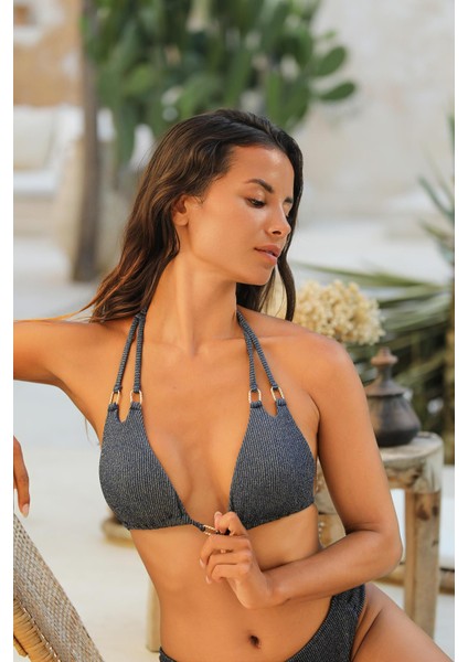 Maldives Lacivert Lurex Kumaş Dolgusuz Üçgen Bikini Takım modelleri