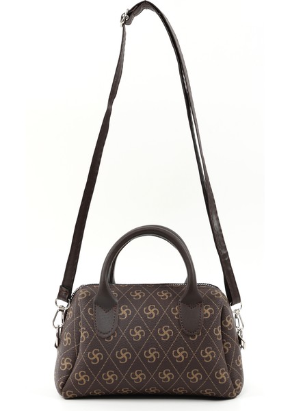 Monogram Baskılı Kahverengi SHK184 Suni Deri ,fermuarlı Tek Bölmeli ,askılı El, Kol ve Omuz Çantası