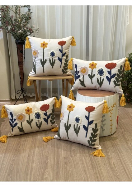 4'lü Çiçekli Punch Işlemeli Nakışlı Dekoratif Premium Kırlent Kılıfı