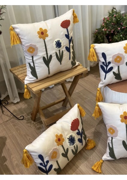 4'lü Çiçekli Punch Işlemeli Nakışlı Dekoratif Premium Kırlent Kılıfı fiyatları