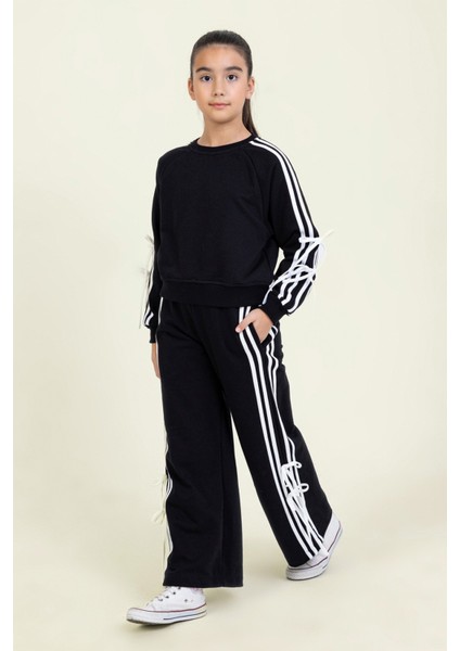 Kız Çocuk Eşofman Takım Şeritli ve Bağcık Detaylı Spor Takım