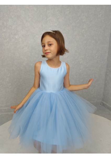 Kız Çocuk Ada Model Abiye Bebe Mavi Yaka Incili Elbise