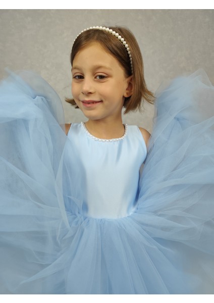 Kız Çocuk Ada Model Abiye Bebe Mavi Yaka Incili Elbise modelleri