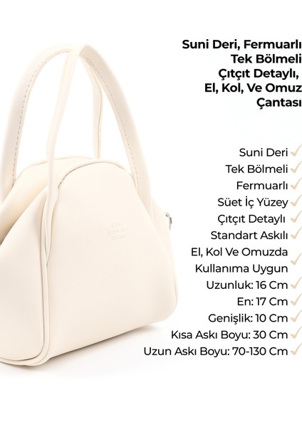 Krem SHK132 Suni Deri, Fermuarlı Tek Bölmeli, Çıtçıt Detaylı ,el, Kol ve Omuz Çantası