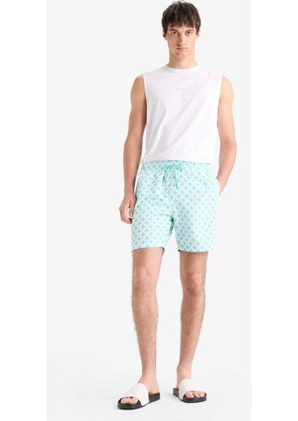 E0977 Yeşil Regular Fit Desenli File Astarlı Kısa Boy Deniz Şortu fiyatları