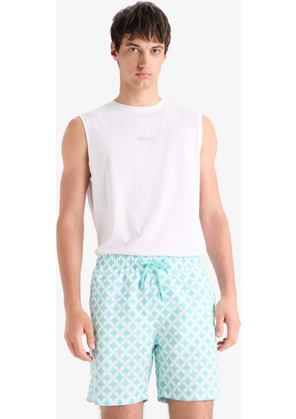 E0977 Yeşil Regular Fit Desenli File Astarlı Kısa Boy Deniz Şortu fırsatları