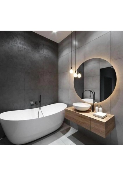 60 cm Ledli Yuvarlak Güneş Işığı Banyo ve Makyaj Aynası Kahverengi