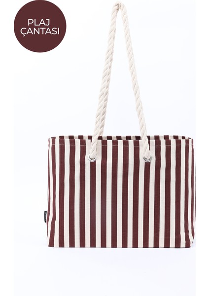 Bordo SHK234 Kanvas Kumaş Tek Bölmeli Çizgi Desenli Seyahat, Piknik ve Plaj Çantası