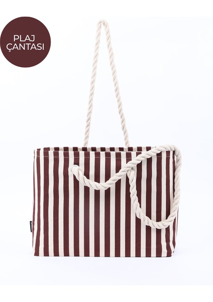 Bordo SHK234 Kanvas Kumaş Tek Bölmeli Çizgi Desenli Seyahat, Piknik ve Plaj Çantası