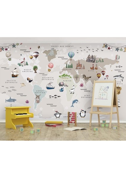 Renkli Çocuk Odası Eğitici Dünya Haritası Duvar Kağıdı