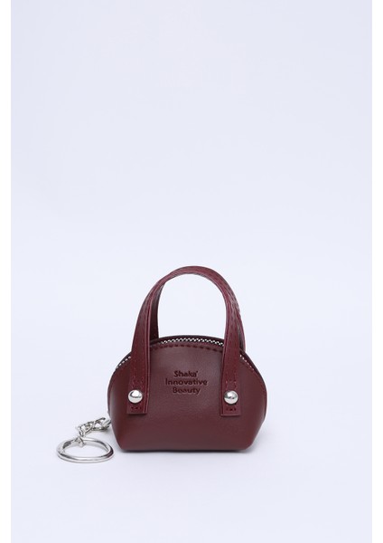 Bordo SHK213 Suni Deri Tek Bölmeli Zincirli, Fermuarlı, Mini Charm Çanta Aksesuarı ve Airpods Çantası